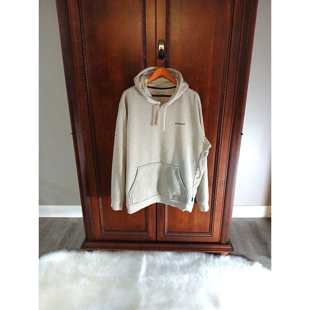 Patagonia Men's XXL Fitz Roy Icon Uprisal Hooded Sweatshirt Tan/Green Logo